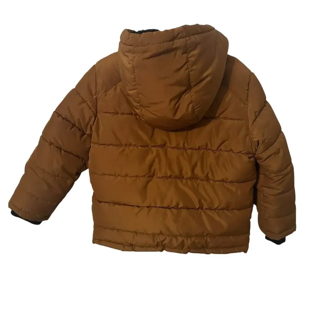 DKNY Puffer Coat Boys Size 4 Mustard Brown Hooded Quilted Outdoor Winter Gorp